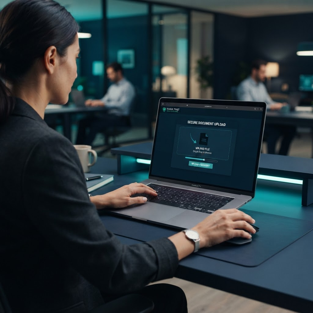 Uploading a document to a secure online notary portal on a laptop