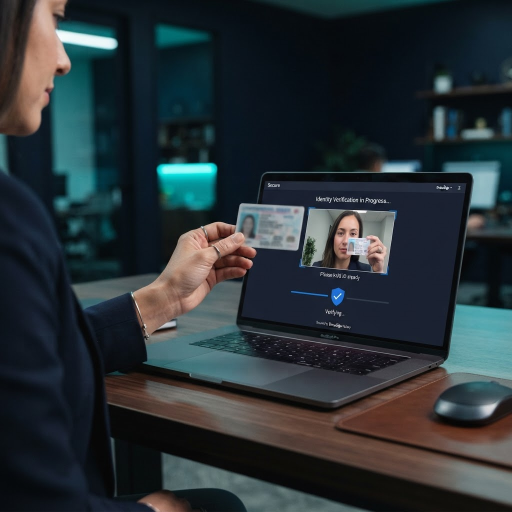 Holding a government photo ID up to a laptop webcam to verify identity