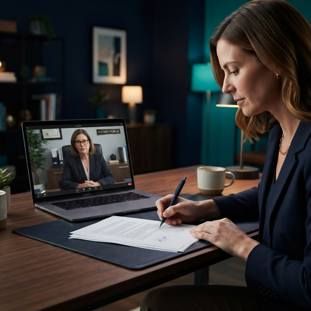 Signing a document while a notary watches on a live video call